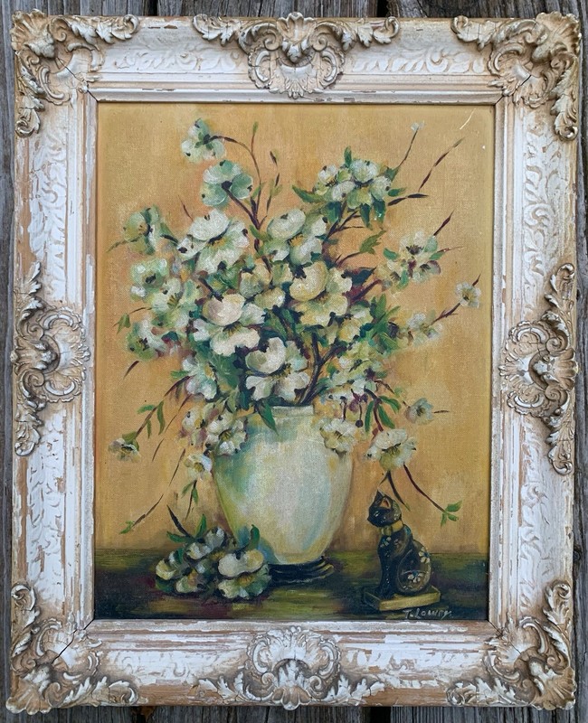 c1950 Floral Still Life Painting Cherry Blossoms Shabby Chic Signed Orientalist