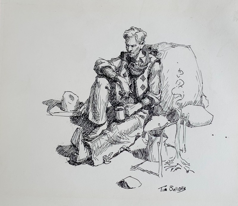 Tim Solliday Western Cowboy Pen & Ink, "Morning Coffee," Rare