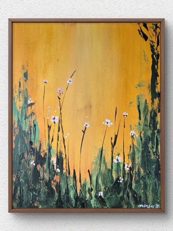 Original Signed 16x20 Golden Abstract Botanical Painting Acrylic Canvas Art C023