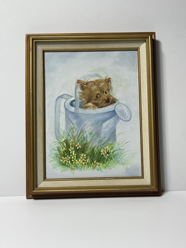 Yorkshire Terrier Framed Painting on Canvas Spring Time Hide & Seek 15″ x 12″ 2