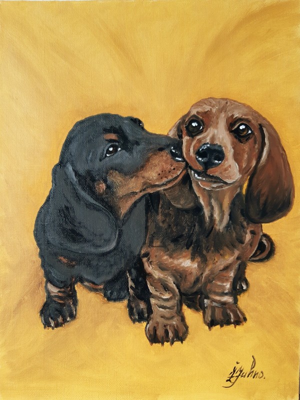Dachshund Couple Painting Pet Original Art Dog Oil Painting 12 x 9 Animal Art