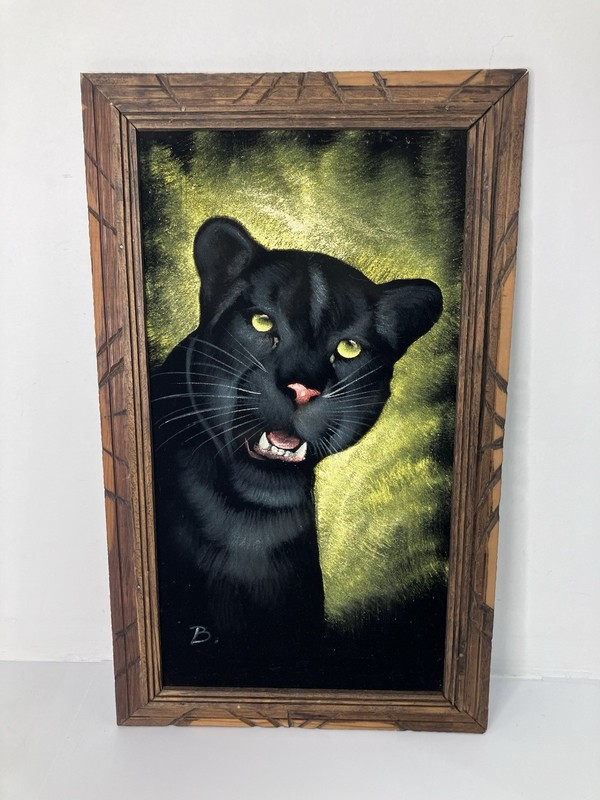 Vintage 1970s Black Velvet Painting Black Panther Wood Framed Signed Art – EUC