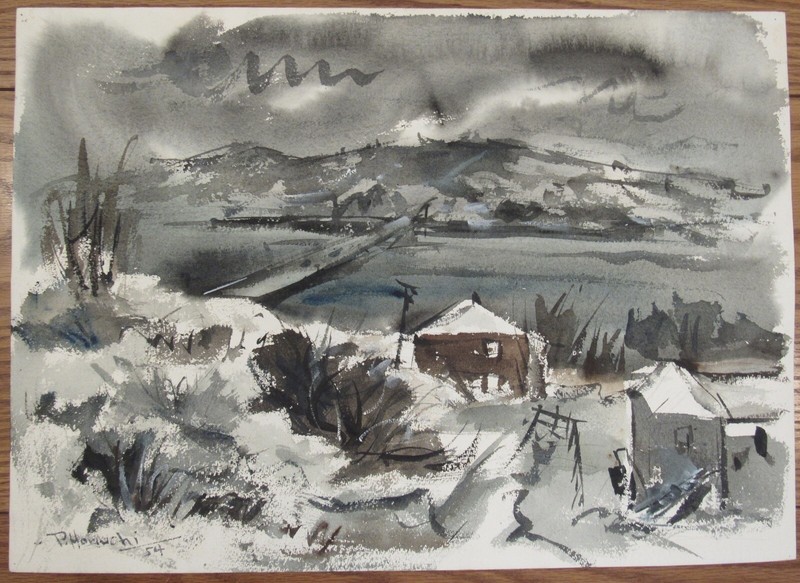 1954 Paul Horiuchi watercolor painting landscape double sided 15×21