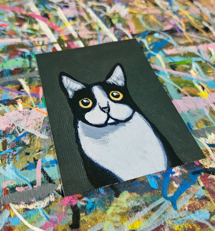 ACEO Tuxedo Cat Mini Painting Original Cat Artwork Signed Acrylic Kitten Art gallery
