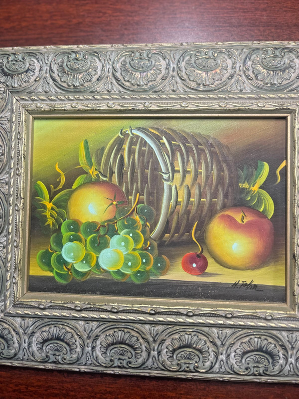 Vintage Fruit Still Life Oil Painting Grapes Apples Basket Framed Signed H John gallery