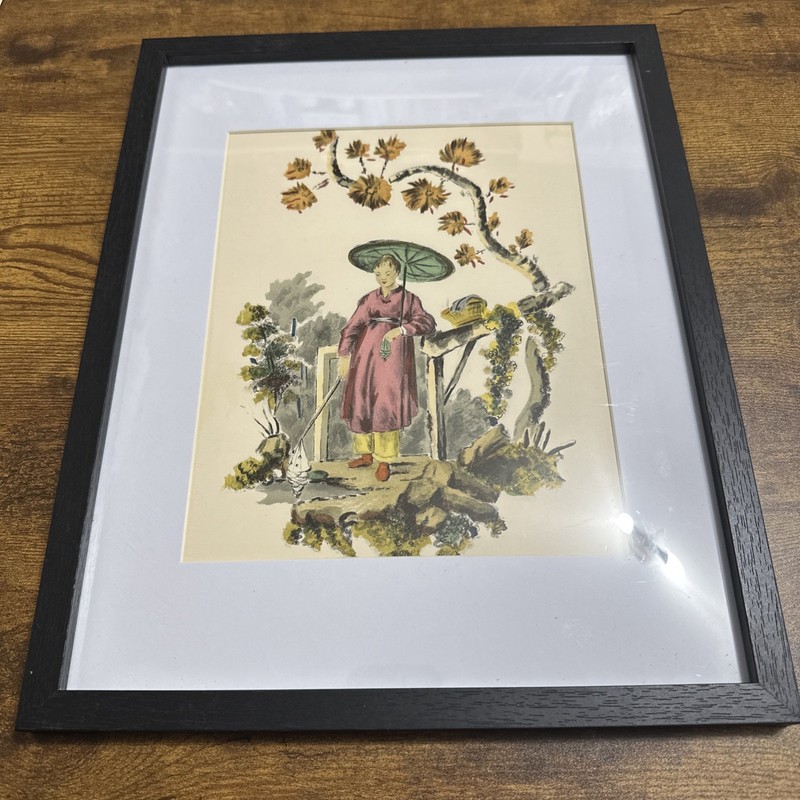 watercolor print watercolor asian woman With umbrella 12×14″ ,1938 hand colored