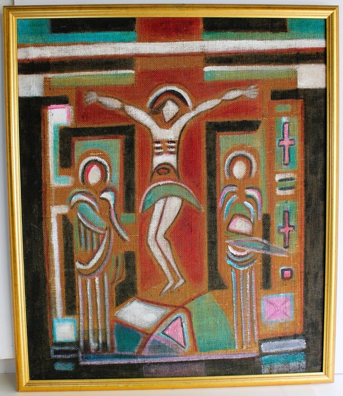 GEORGETA GIGI ARAMESCU OIL PAINTING CANVAS JUTE SIGNED TITLED CHRIST MID CENTURY