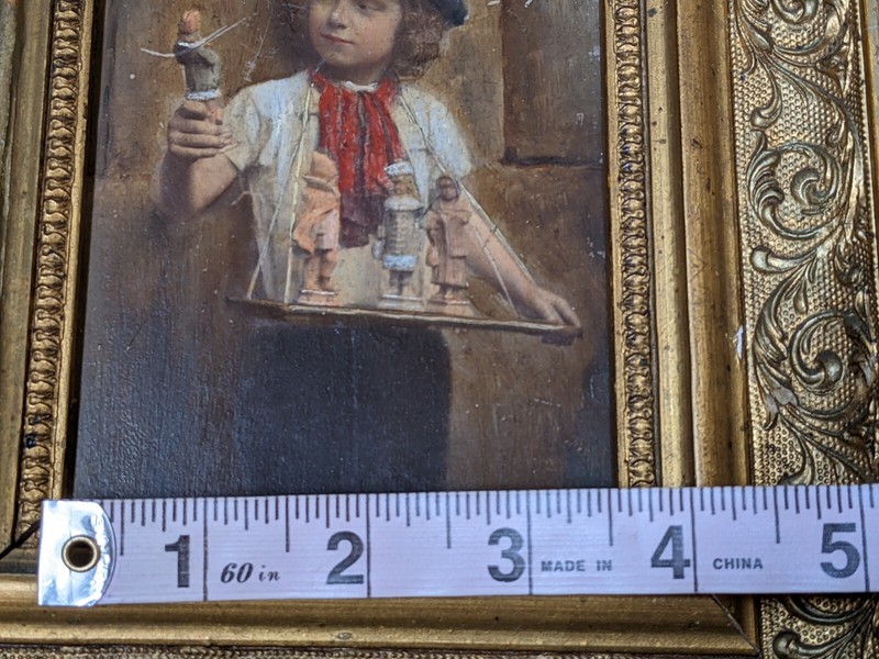 ANTIQUE 19th CENTURY OIL PAINTING BOY with FIGURINES/DOLLS picture gallery