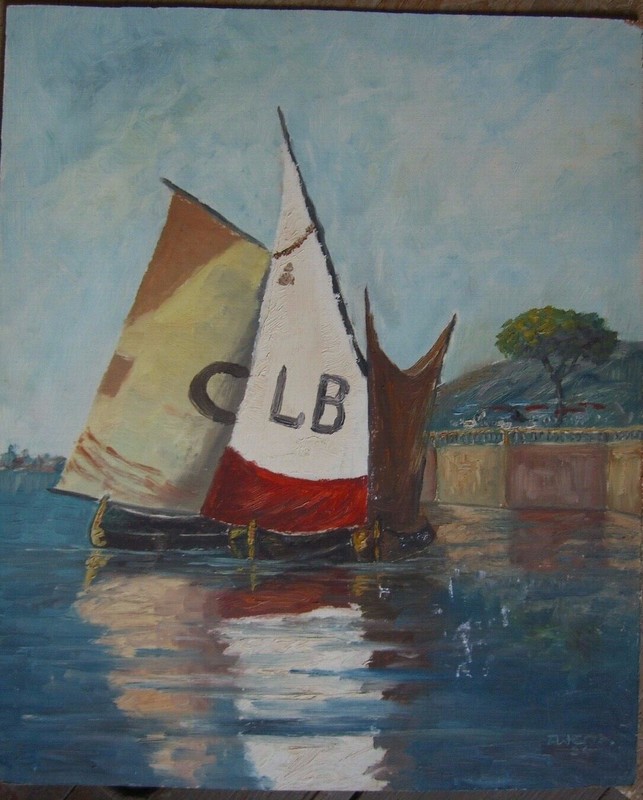 A. Wenz Sailboat Lake Water Shore Pier Reflection Summer Warm Red White Antique