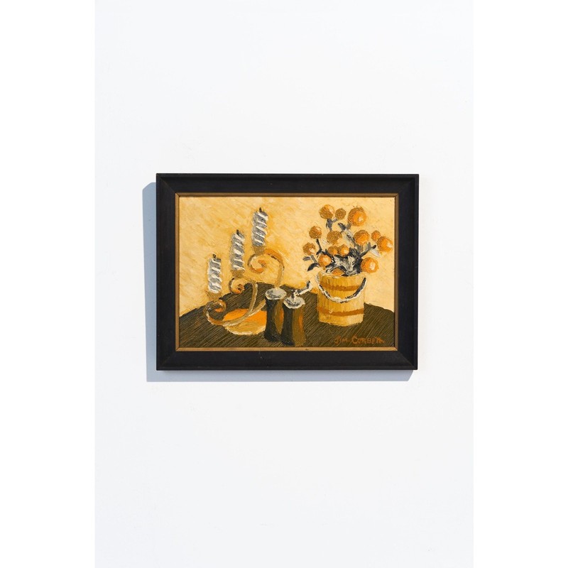 1940s Vintage Rustic Tabletop Still Life Oil Painting Signed Jim Corbett