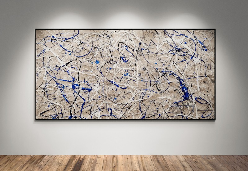XXL Jackson Pollock Style Sand & Blue Abstract Art Textured Painting 78×39 in