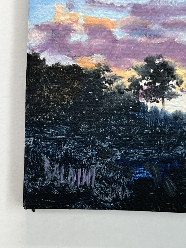J R Baldini Oil on Canvas Plein Air Painting Sunset Dusk Colorful Clouds 3x3” gallery