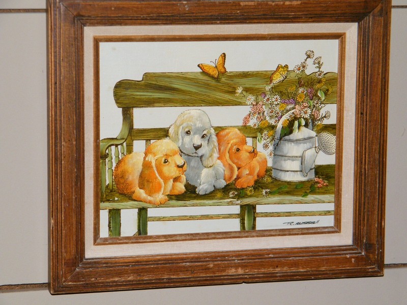 1984 R Russell 3 Puppies Framed Puppy Butterfly Flowers Serigraph Artist Signed
