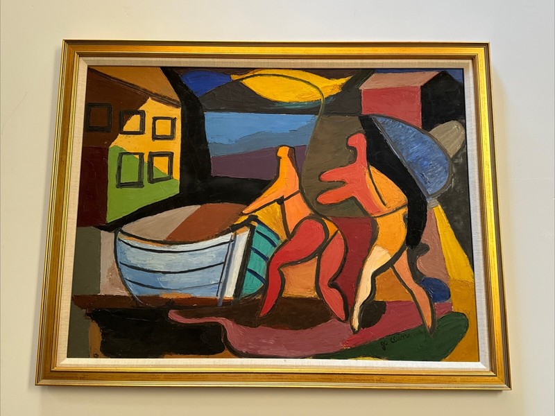 ANTIQUE PAINTING JO CAIN WPA ARTIST ABSTRACT CUBISM MID CENTURY FAMOUS FIGURES
