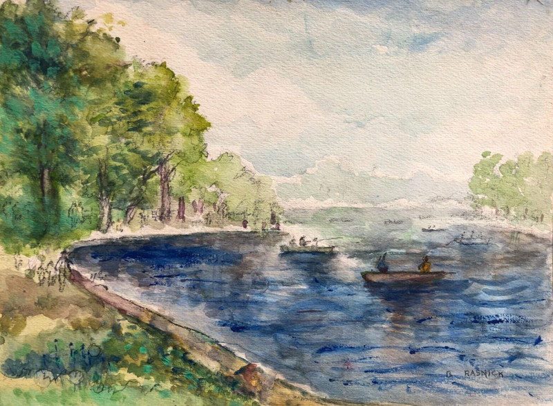 Boaters, Fishermen in a Lake Watercolor 8 7/8 x 11 7/8- Circa 1950s-B. Rasnick