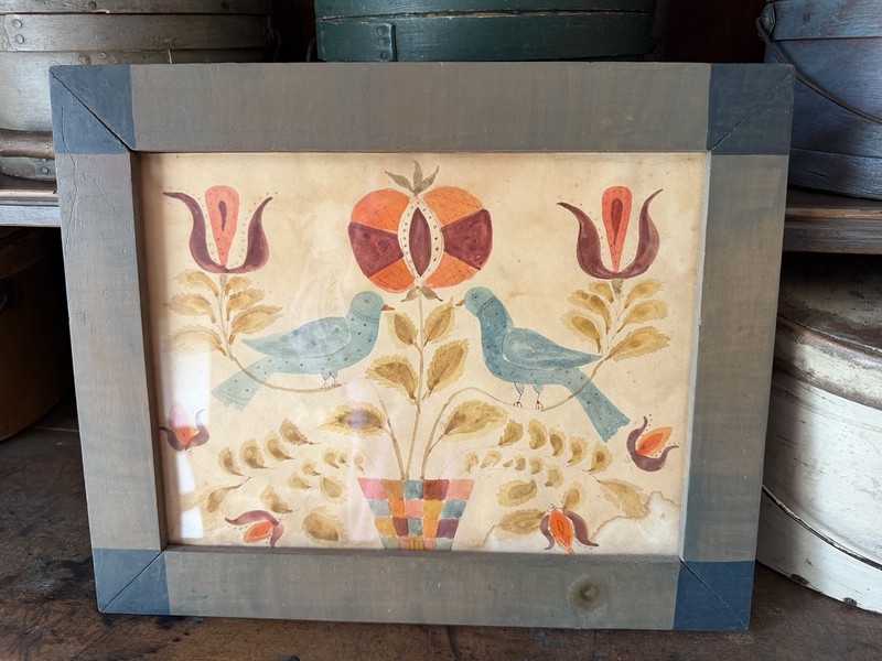 Folk Art /Water Color Painting on Paper Birds Flowers Fruit Small Floral Theme
