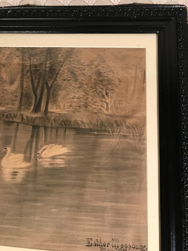 Nice Esther Mossburg 97 "Pond With Swans Scene" Charcoal Drawing - Signed/Framed gallery