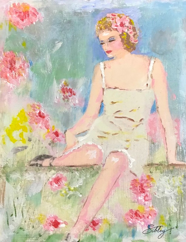 Signed Original 8×10 Painting WOMAN IN GARDEN soft pastel colors