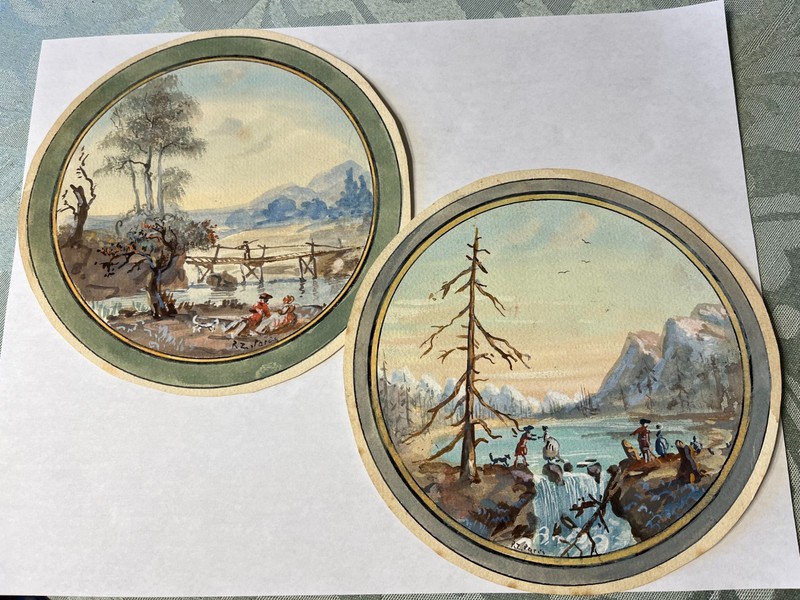2 Watercolor Gouache Paintings: People Outdoor Water Scenery, 19 Century, Signed