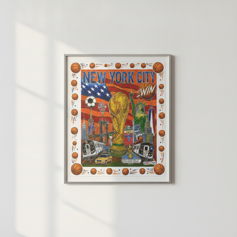 New York City Sports Poster NYC World Cup Soccer Basketball Skyline Wall Art