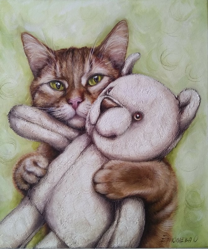 Cat Hugging Teddy Bear Original Oil Painting on Stretched Canvas 12*13" gallery