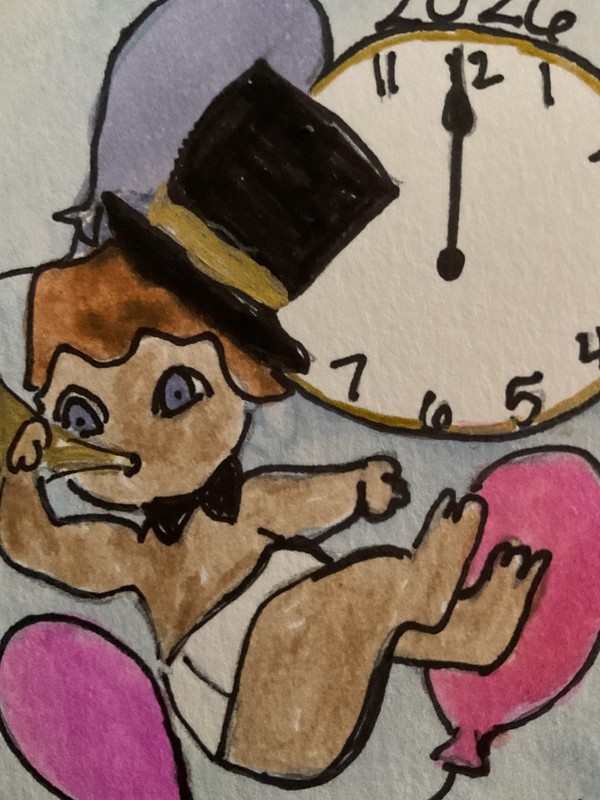 ACEO watercolor art by PJ, art card 2.5 x 3.5: New Year, 2026