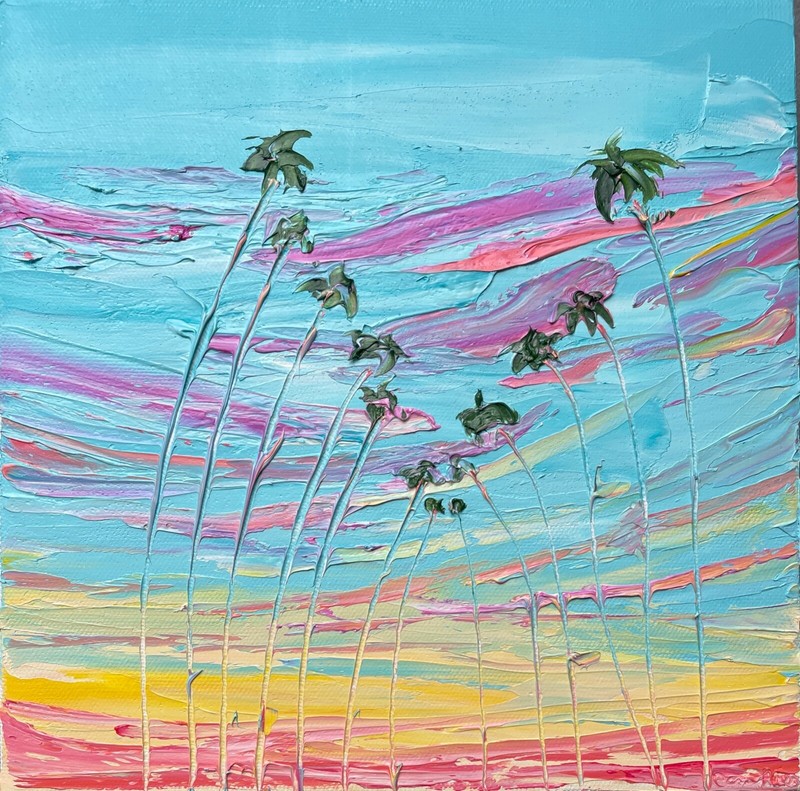 ORIGINAL Spring Time Colors Sunset Palm Trees Los Angeles Oil On Canvas 10 X 10
