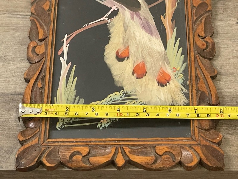 Vintage White Peacock Reverse Glass Painting With Real Feathers in Wood Frame gallery