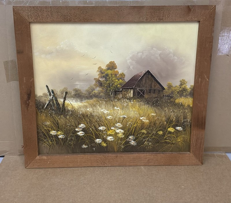 Original Hand Painted Rustic Barn Landscape Oil Painting Framed Farmhouse 27×24