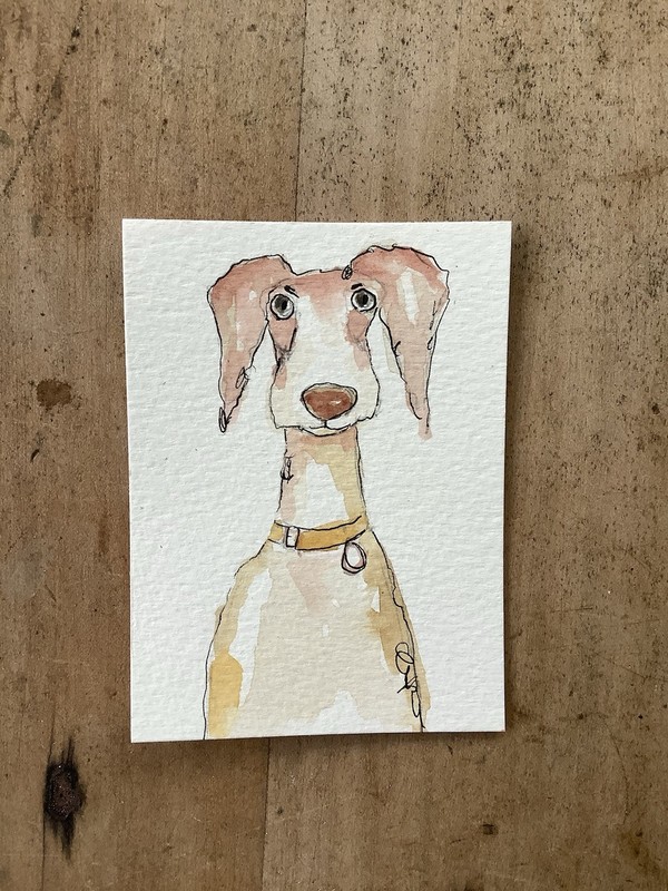 Aceo By Kenna 2.5” X 3.5”whimsy Dog Painting Original Signed Watercolour & Ink gallery