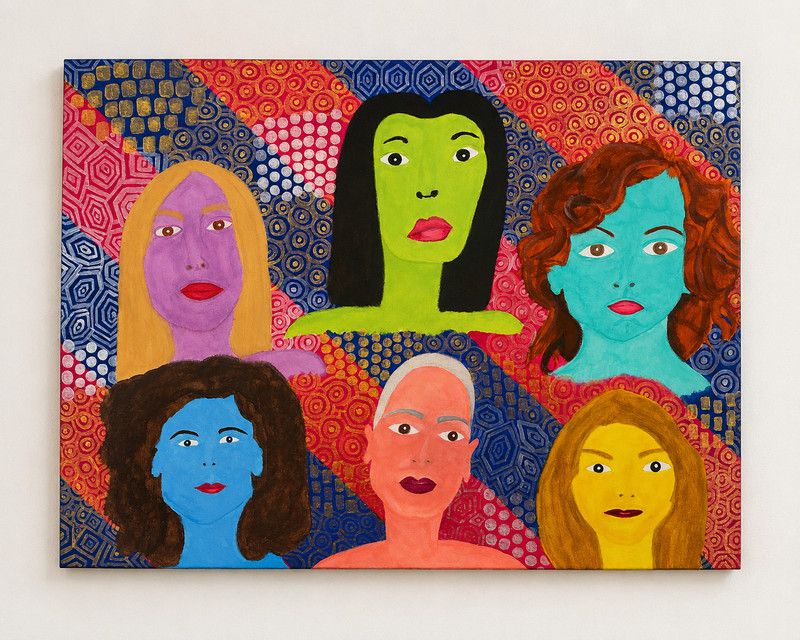STUNNING 14×18 Acrylic on Canvas Board Painting Six Faces NEEDS FRAME