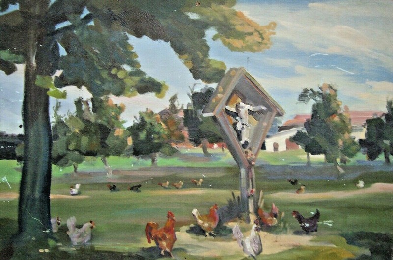 Oil Painting Wayside Cross : Vor Farm With Chickens On Meadow