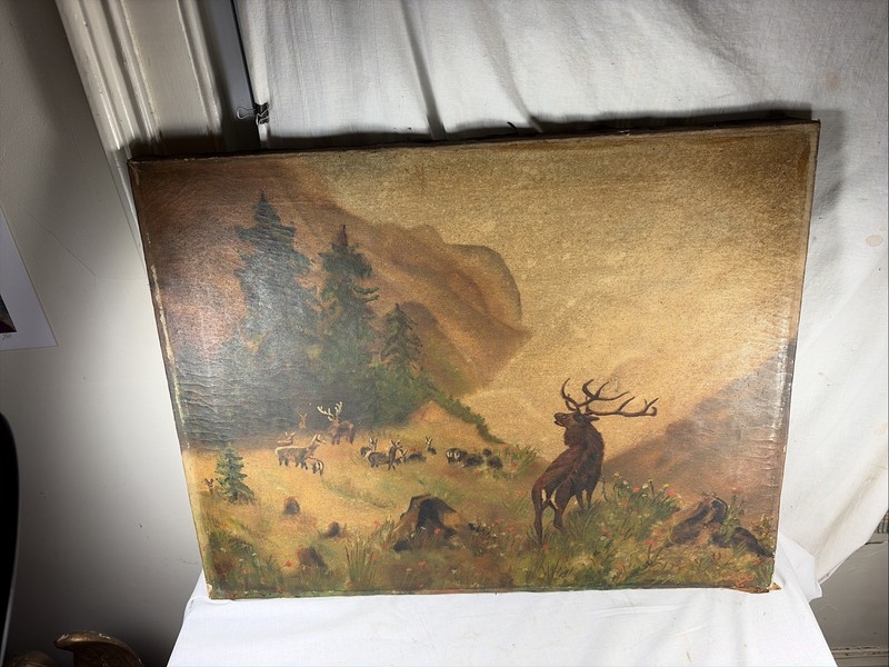 Beautiful MID-19TH CENTURY PAINTING of STAG & HERD Waiting for Oncoming Storm gallery