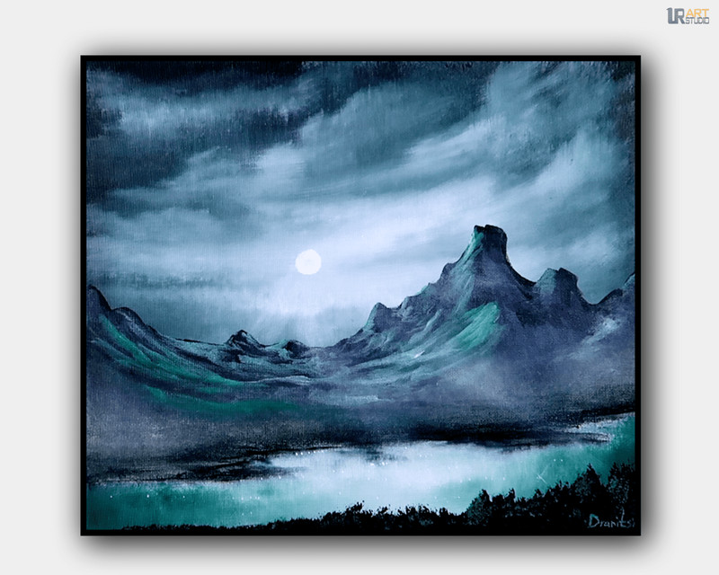 Original Acrylic Landscape Painting 12×14″ NIGHT FOG ON THE LAKE Wall Art