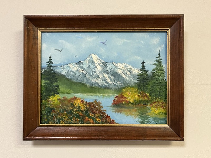 Gorgeous Vintage ORIGINAL Mountain Lake Forest SIGNED Landscape FRAMED Blue/Gold