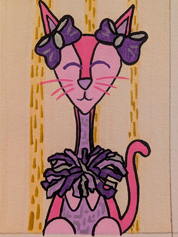 ACEO Original Painting Pink Cheerleader Cat Acrylic On Paper 2.5×3.5 By S Slider