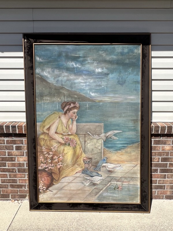 ANTIQUE 1900 SIGNED ART NOUVEAU PAINTED FABRIC TAPESTRY WOMAN FEEDING BIRDS WOW!