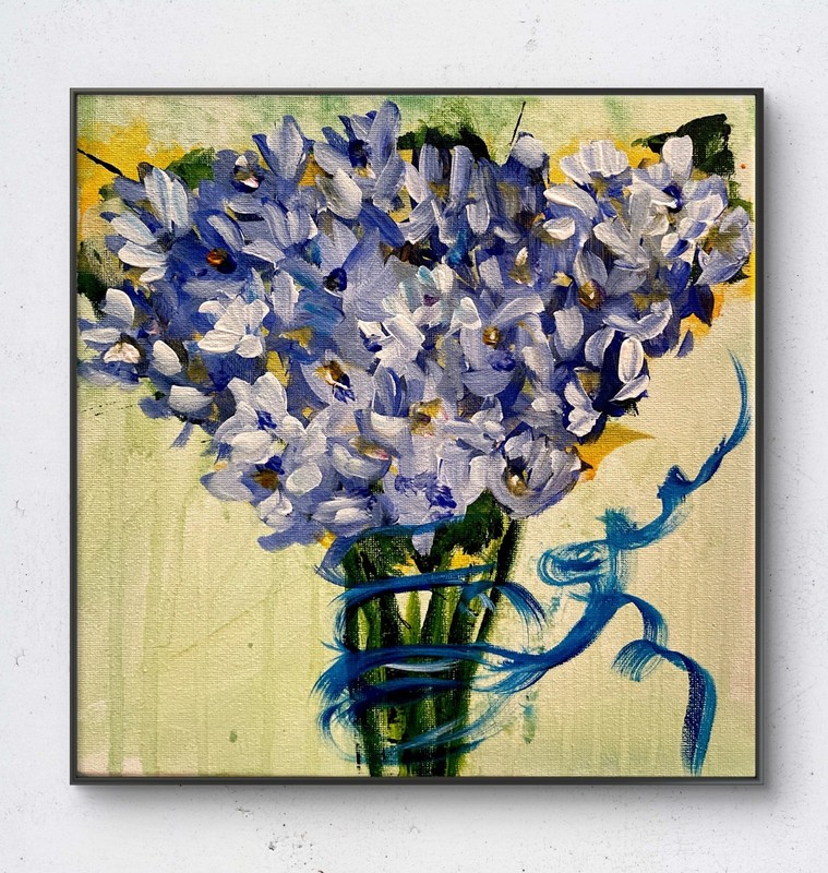 Mary Myers Original Abstract Expressionism 10×10 Blue Purple Floral Bunch Signed