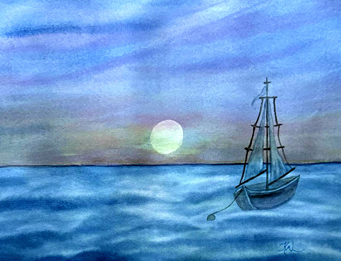 PAINTING WATERCOLOR SUNRISE SAILBOAT SEA LANDSCAPE ORIGINAL ART 11X14 MAT 16X20