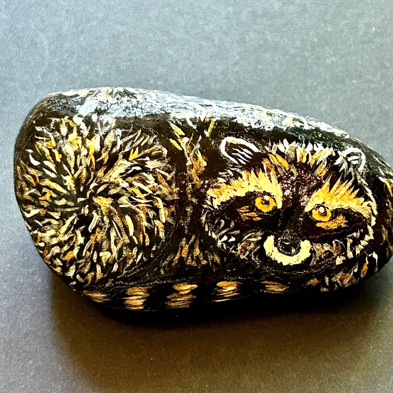 Hand Painted Raccoon Laying Down River Rock Stone Black White 3 1/2 inches OOAK
