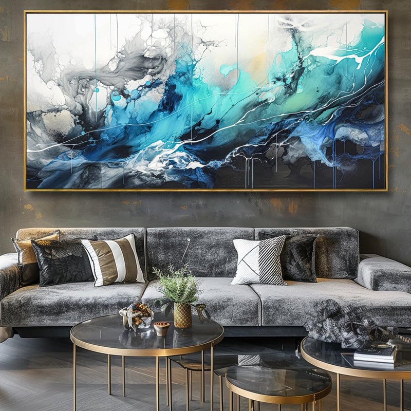 Teal Blue Abstract Canvas Wall Art Framed 30"x60" for Home Decor gallery