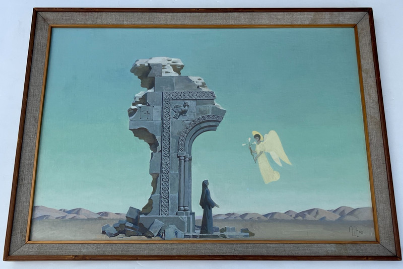Ruben Ghevondyan (USSR Armenian 1942-)»Gospel» Surrealist Landscape Oil on Board
