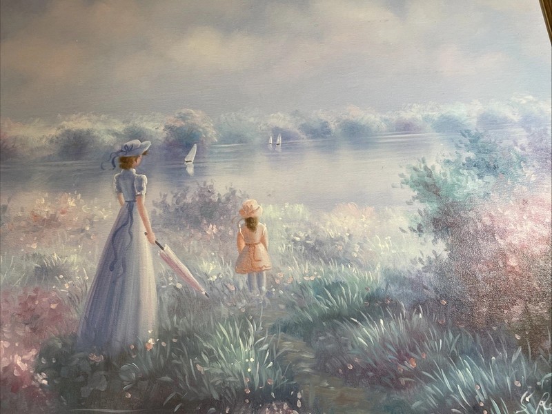 Vintage Rosel Signed Impressionist Oil Painting Victorian Lake Large 30×26 Gold
