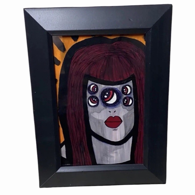 Original Painting Girl With Many Eyes Red Lips Monster framed Art Ooak