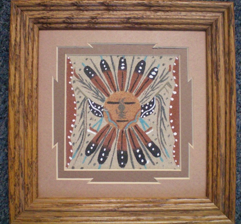 ✅ Vintage Navajo Sand Painting «Moon Face» Sand Art Framed Signed 7 in. x 7 .in