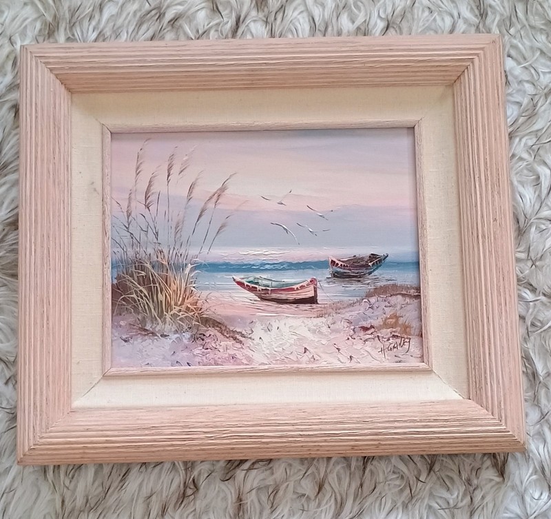 Vintage Oil Painting on Canvas Wood Framed W/Boats & Birds Artist Signed