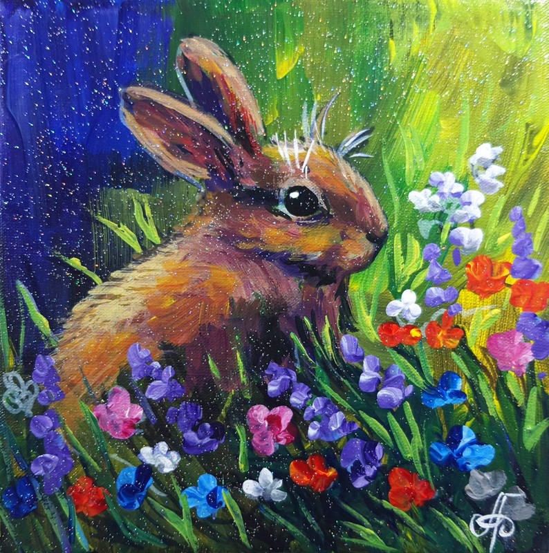 Original Acrylic Painting Rabbit Wildflowers Meadow Small Hand Painted Canvas