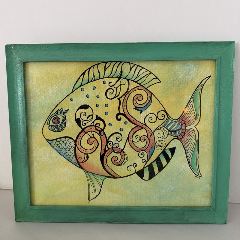 Fish Painting Colorful Signed Original Folk Art Whimsical Coastal Decor 9×11”