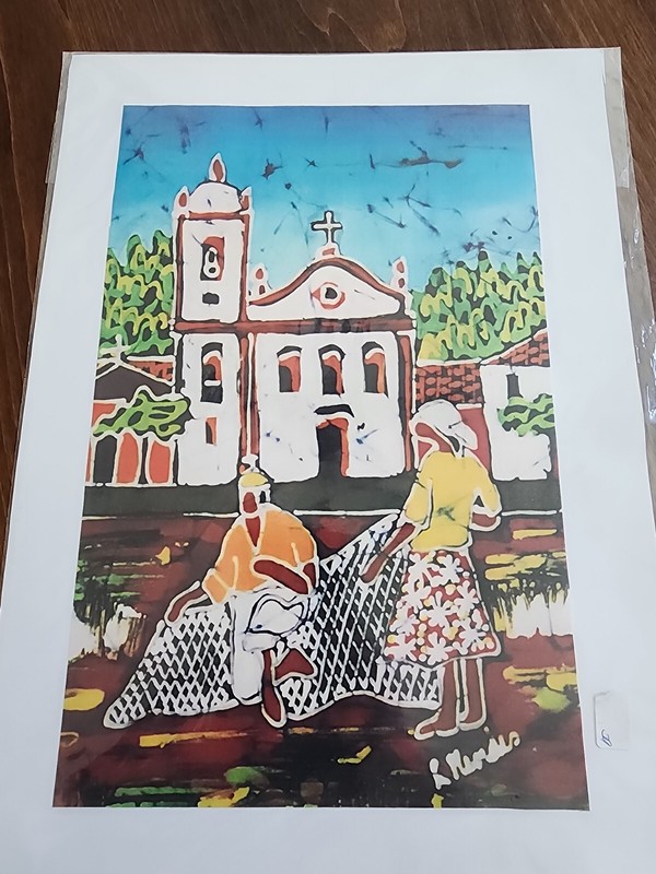 Brazilian ART Luiz Mendes Batik Painting Artwork CHURCH People SCENIC 7 x 11 in