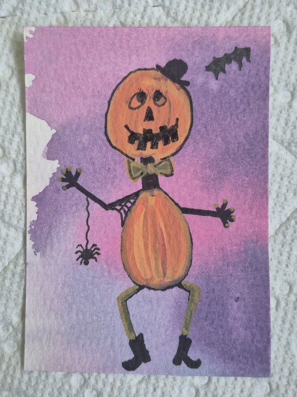 ACEO Art Card Original , painting of a dancing pumpkin man 2.5″ x 3.5″